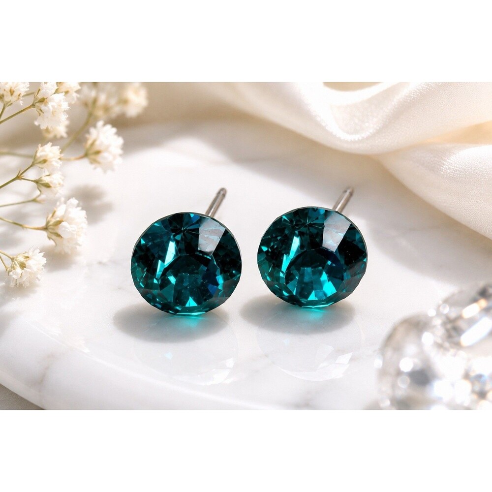 Vintage Swarovski Crystal Rivoli Stud Earrings Teal Blue Green Faceted Sparkle